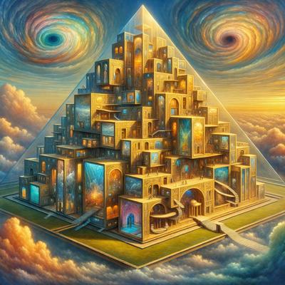 The primary subject of the image is a large, intricate, and colorful building, possibly a pyramid or a temple, with many windows and doors. The building is situated in a cloudy sky, giving it a majestic and grand appearance. The visual style of the image is digital art, as it is a detailed and intricate illustration of the building. The colors and mood of the image are vibrant and lively, with the building's golden and blue hues contrasting against the cloudy sky.